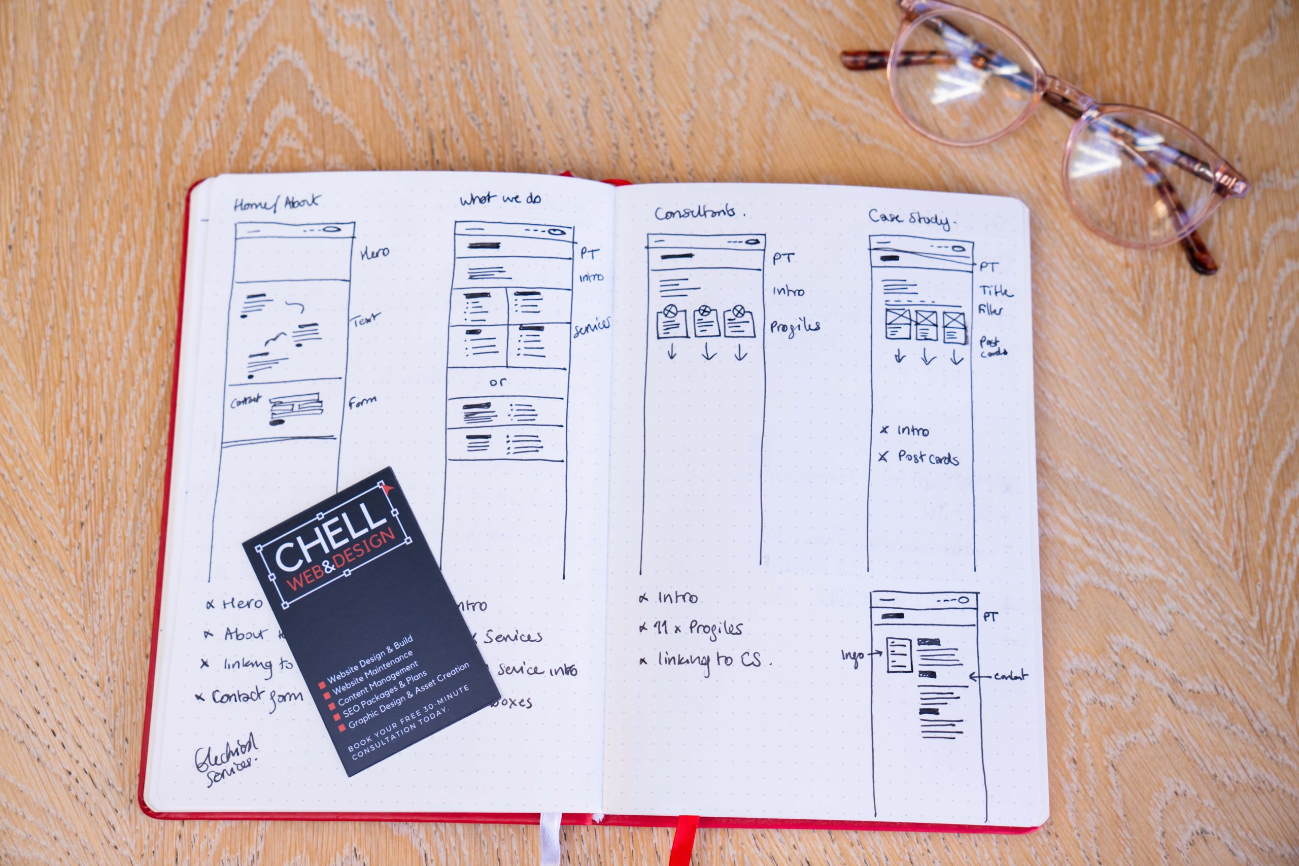 Wireframe Chell Web & Design laptop working website design graphics maintenance SEO agency bespoke web discovery call meeting brainstorming team